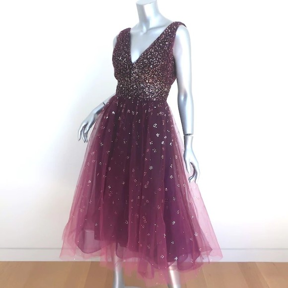 Marchesa Notte Ombre Glitter Tulle Dress Wine Size 12 Sleeveless V-Neck - Picture 3 of 8